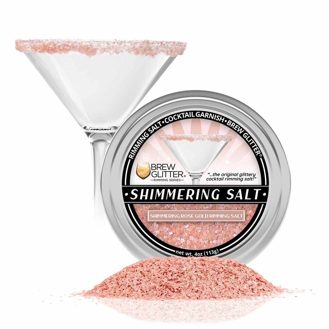 Brew Glitter - Shimmering Rose Gold Rimming Salt (4oz, 1x Bar Tin) Edible Glitter Blended Cocktail Garnish for Mixed Drinks and Beverages